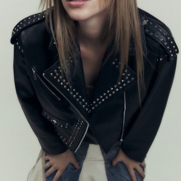 ZARA NWOT Black Faux Leather Rainbow Studded Rhinestone Biker Moto Jacket Medium - Picture 4 of 15